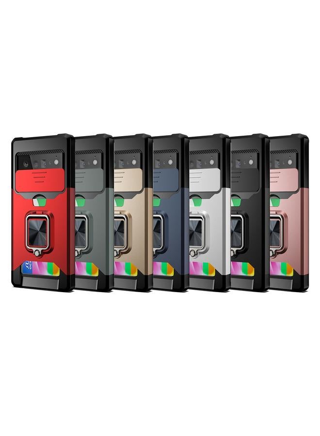 اس-توب جراب لهاتف Google Pixel 6 Pro بتصميم غطاء كاميرا منزلق مصنوع من مادة PC + TPU مقاوم للصدمات مع حامل حلقي وفتحة بطاقة - Image 2