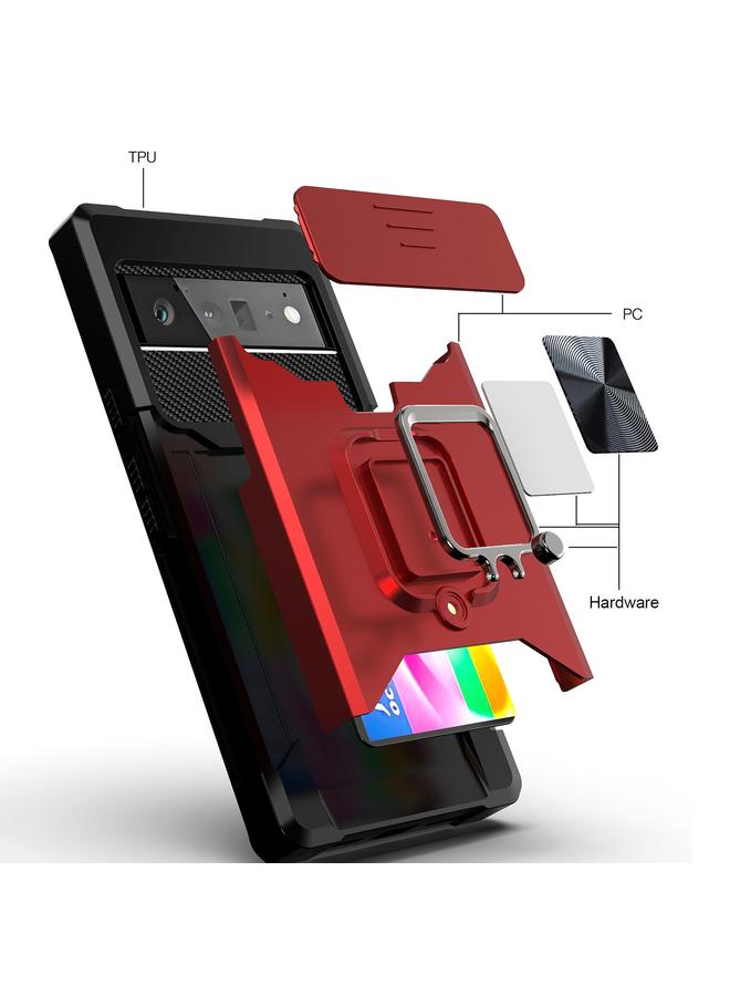 اس-توب جراب لهاتف Google Pixel 6 Pro بتصميم غطاء كاميرا منزلق مصنوع من مادة PC + TPU مقاوم للصدمات مع حامل حلقي وفتحة بطاقة - Image 3