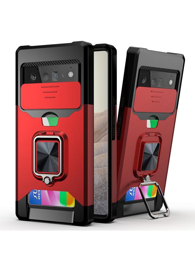 اس-توب جراب لهاتف Google Pixel 6 Pro بتصميم غطاء كاميرا منزلق مصنوع من مادة PC + TPU مقاوم للصدمات مع حامل حلقي وفتحة بطاقة - Image 1