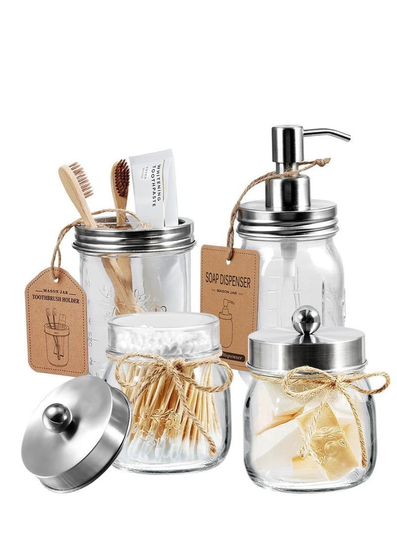 TRASSLE Mason Jar Bathroom Accessories Set(4 Pcs) -Lotion Soap Dispenser & 2 Cotton Swab Holder &Toothbrush Holder-Rustic Farmhouse Decor,Countertop Vanity Organize，Bathroom Home Decor  - Image 1