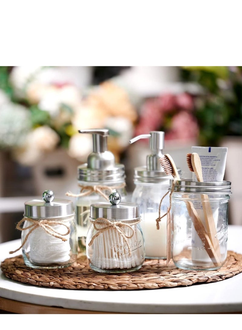 TRASSLE Mason Jar Bathroom Accessories Set(4 Pcs) -Lotion Soap Dispenser & 2 Cotton Swab Holder &Toothbrush Holder-Rustic Farmhouse Decor,Countertop Vanity Organize，Bathroom Home Decor  - Image 3