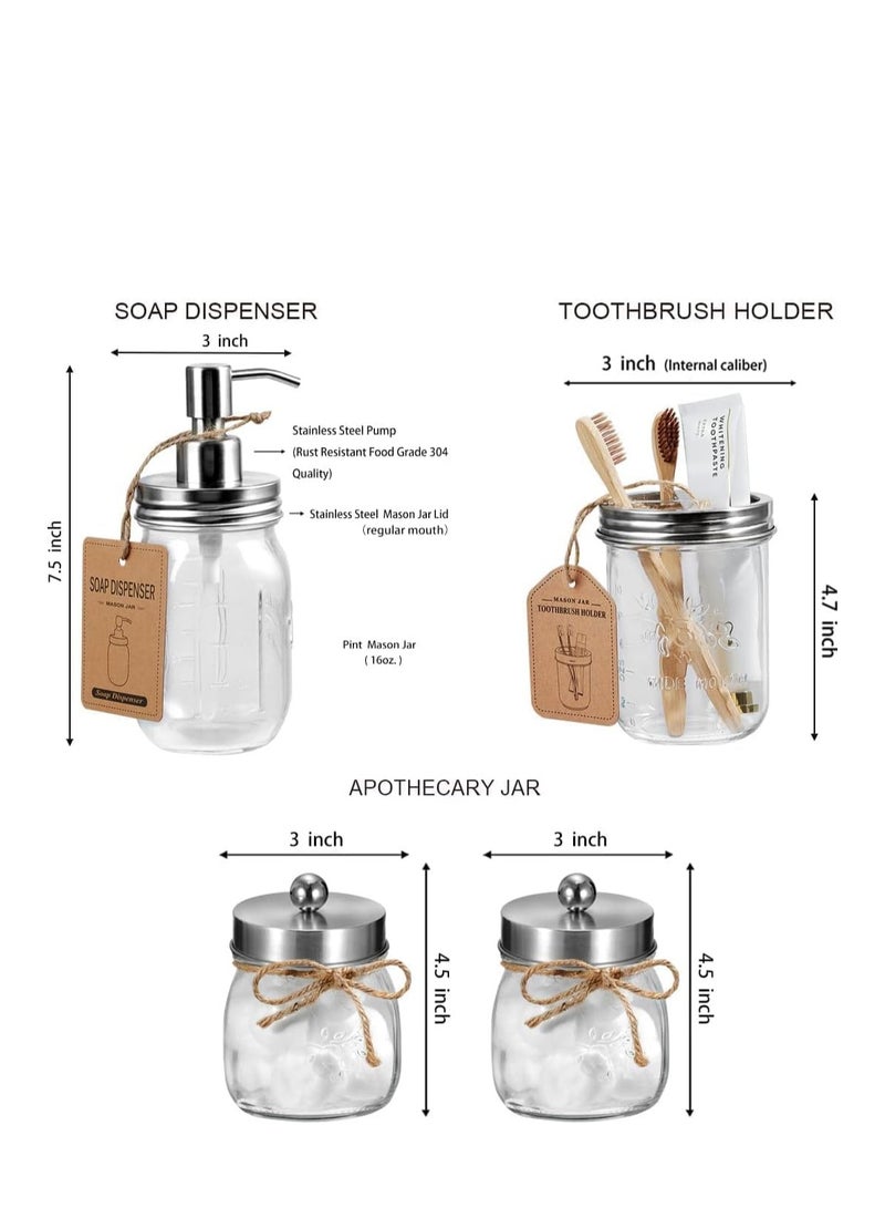 TRASSLE Mason Jar Bathroom Accessories Set(4 Pcs) -Lotion Soap Dispenser & 2 Cotton Swab Holder &Toothbrush Holder-Rustic Farmhouse Decor,Countertop Vanity Organize，Bathroom Home Decor  - Image 2