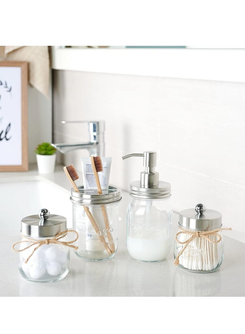 TRASSLE Mason Jar Bathroom Accessories Set(4 Pcs) -Lotion Soap Dispenser & 2 Cotton Swab Holder &Toothbrush Holder-Rustic Farmhouse Decor,Countertop Vanity Organize，Bathroom Home Decor  - Image 5