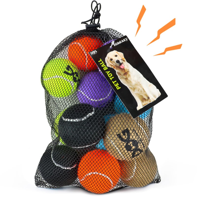INSUM Squeaky Tennis Balls for Dogs - 12 Pack 2.5'' Durable Non-Toxic Outdoor Dog Toys Balls with Mesh Bag, SGS Certified, Colorful Fetch Toys, Medium Large Breeds - Image 1
