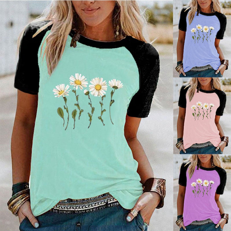 wish fun daisy pattern printed Raglan contrast short sleeve t-shirt - Image 2
