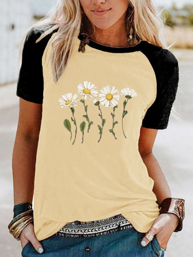 wish fun daisy pattern printed Raglan contrast short sleeve t-shirt - Image 3