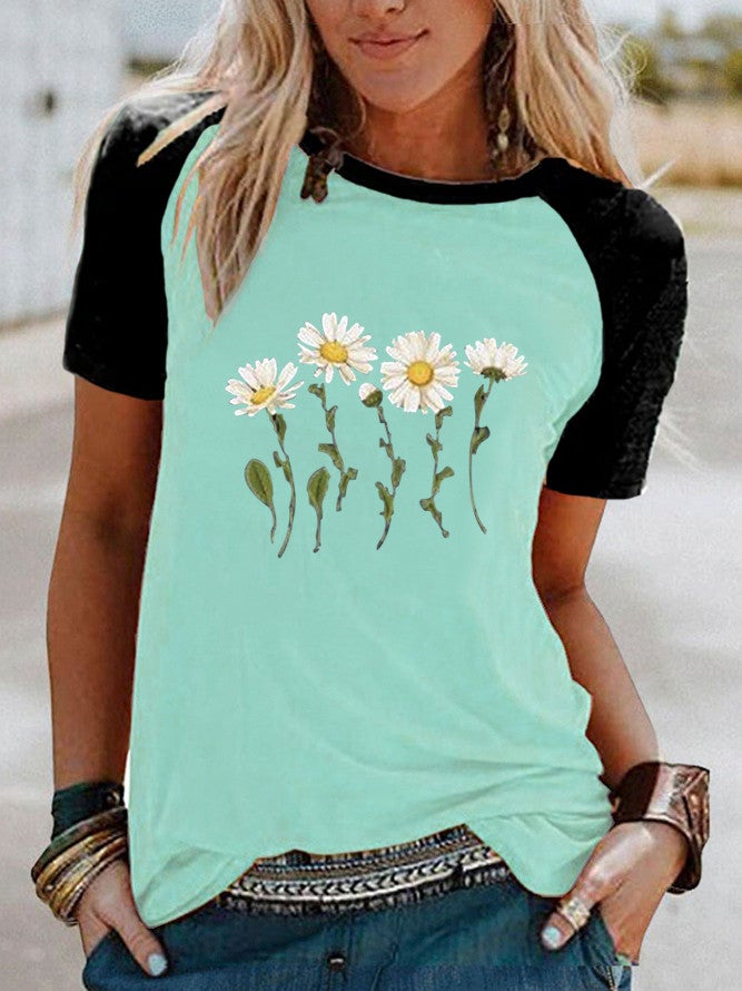 wish fun daisy pattern printed Raglan contrast short sleeve t-shirt - Image 5