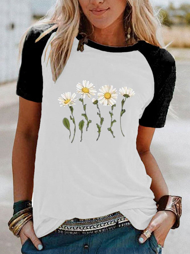 wish fun daisy pattern printed Raglan contrast short sleeve t-shirt - Image 1