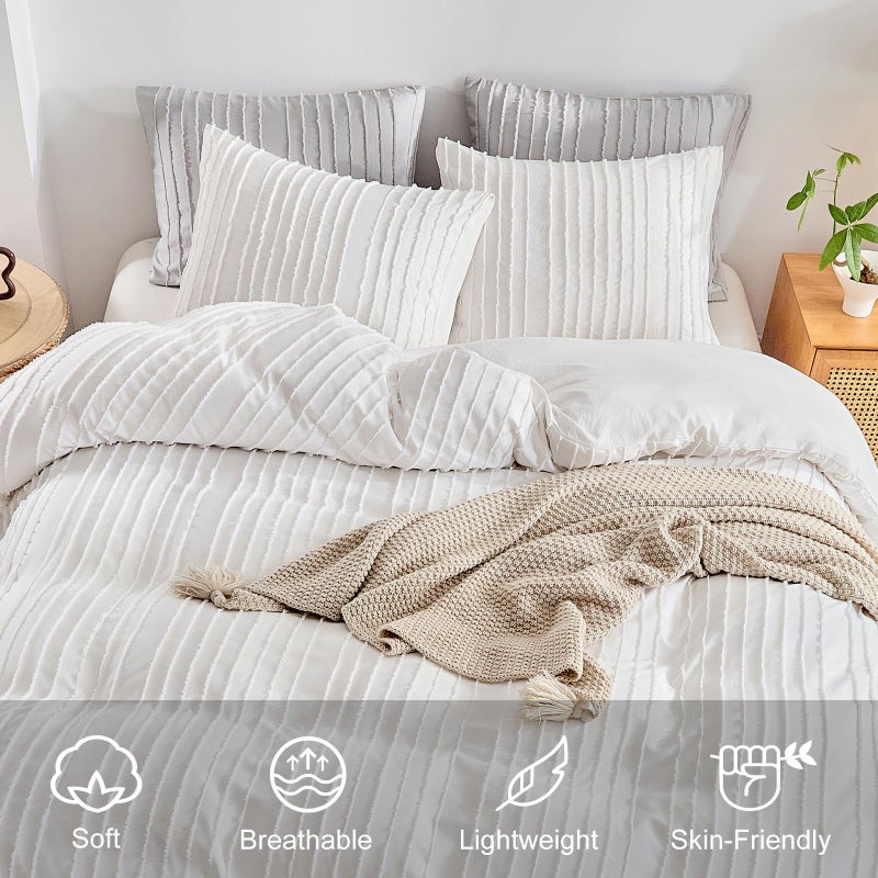 WARMDERN White Boho Duvet Cover Set Queen Size, Striped Textured Tufted Bedding Set, 3 Pcs Ultra Soft Washed Microfiber with Zipper Closure (Queen, White) - Image 3