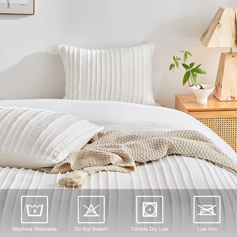 WARMDERN White Boho Duvet Cover Set Queen Size, Striped Textured Tufted Bedding Set, 3 Pcs Ultra Soft Washed Microfiber with Zipper Closure (Queen, White) - Image 4