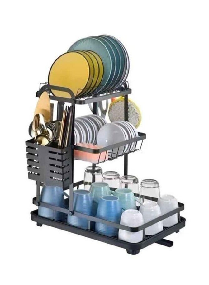 DubaiGallery 3 Tier Dish Drying Rack, Dish Rack And Drainboard Set for Kitchen Counter, Stainless Steel Sink Organizer Dish Racks with Cups Holder, Utensil Holder, Dish Strainer Shelf  - Image 1