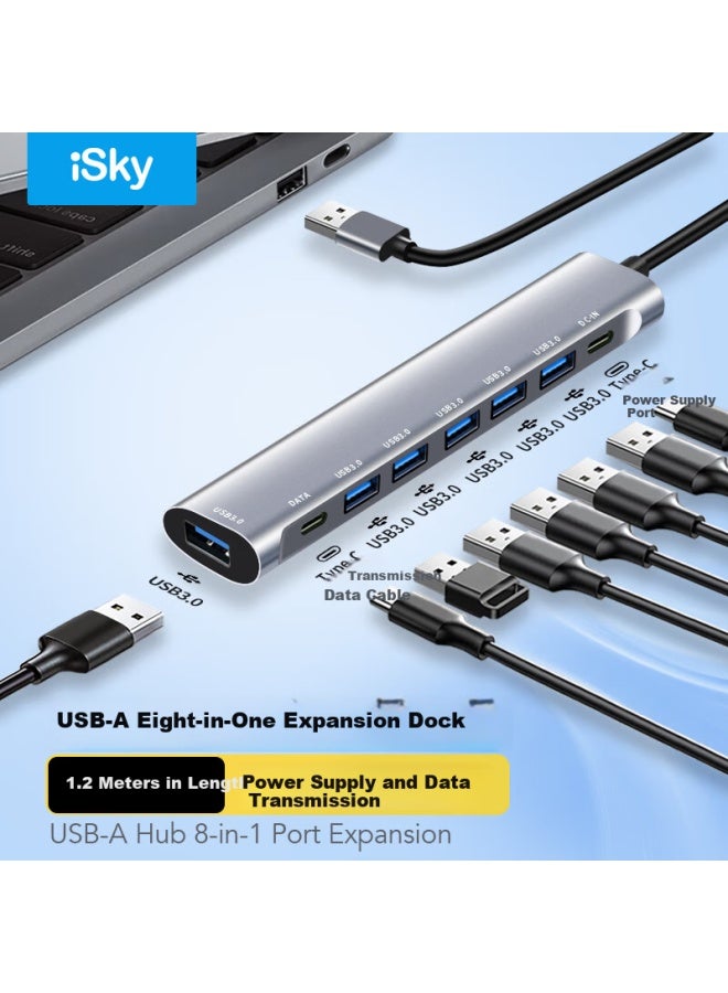 Isky Usb Splitter Expansion Dock 8 Ports 1.2m Usb 3.0 Extension Dock Hub Hub One Drag Eight Suitable For Apple Huawei Notebook Computer Host U Disk - Image 1