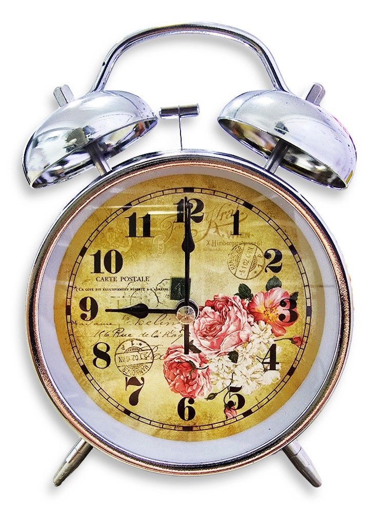 ساعة منبه صغيرة ساحرة، ديكور مكتب لطيف، هدية مميزة، ديكور غرفة النوم، مع رسم في الخلفية على شكل وردة، لون فضي - Image 1