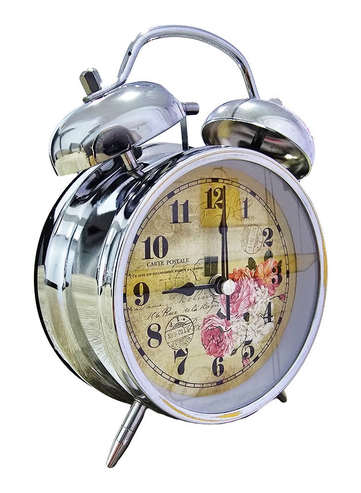 ساعة منبه صغيرة ساحرة، ديكور مكتب لطيف، هدية مميزة، ديكور غرفة النوم، مع رسم في الخلفية على شكل وردة، لون فضي - Image 2