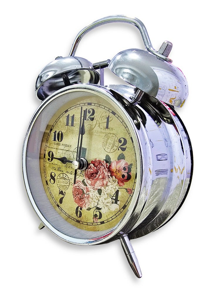 ساعة منبه صغيرة ساحرة، ديكور مكتب لطيف، هدية مميزة، ديكور غرفة النوم، مع رسم في الخلفية على شكل وردة، لون فضي - Image 3