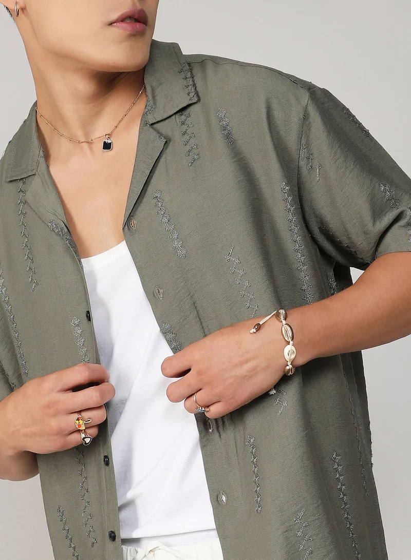 Campus Sutra Men's Olive Green Embroidered Twist Shirt