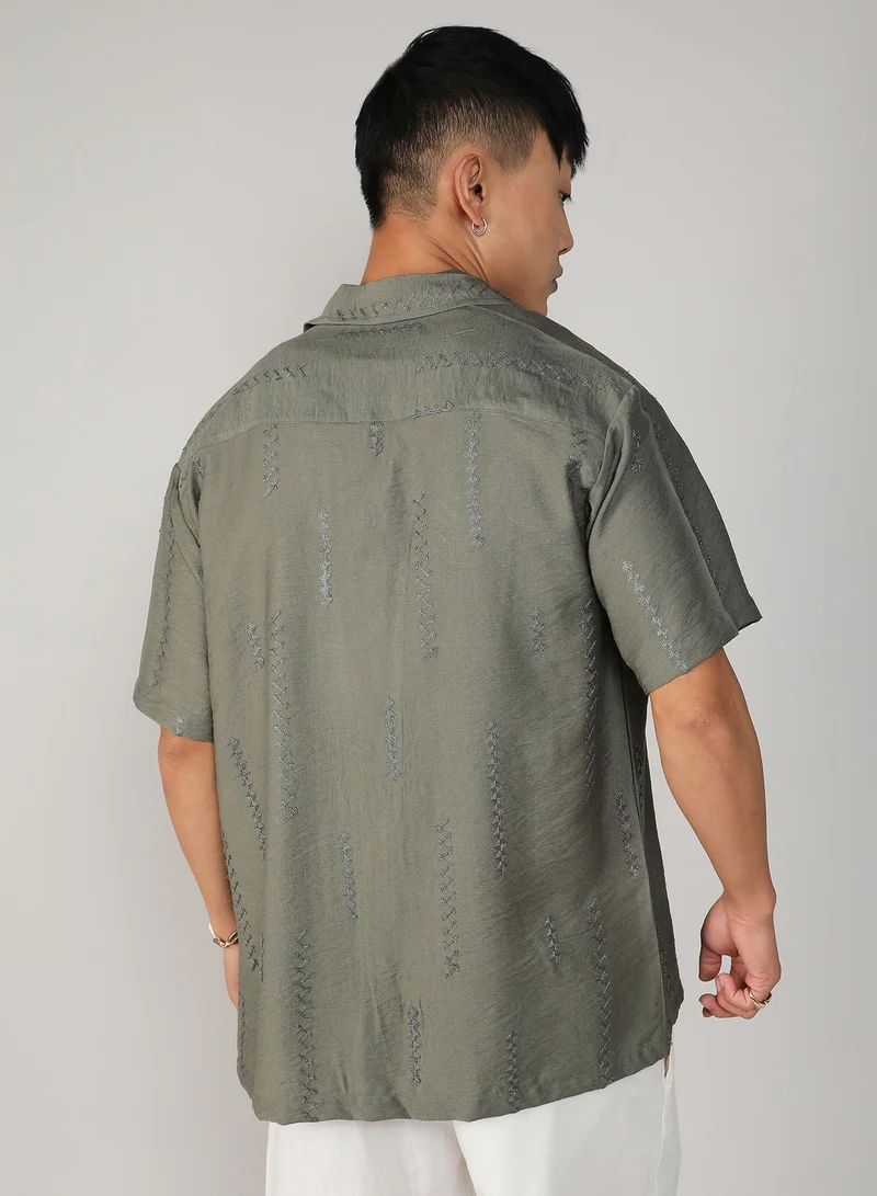 Campus Sutra Men's Olive Green Embroidered Twist Shirt