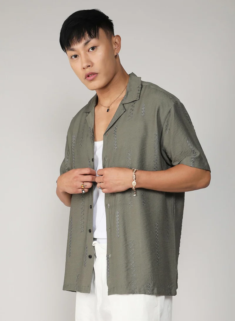 Campus Sutra Men's Olive Green Embroidered Twist Shirt