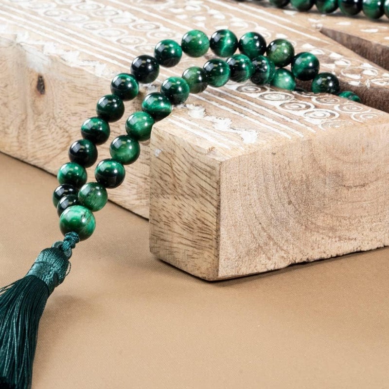 AzanClk Premium Muslim Prayer Beads, 8mm Green Tiger Eye Stone, 99 Beads, Dark Green Tassel, Unisex Adult - Image 2
