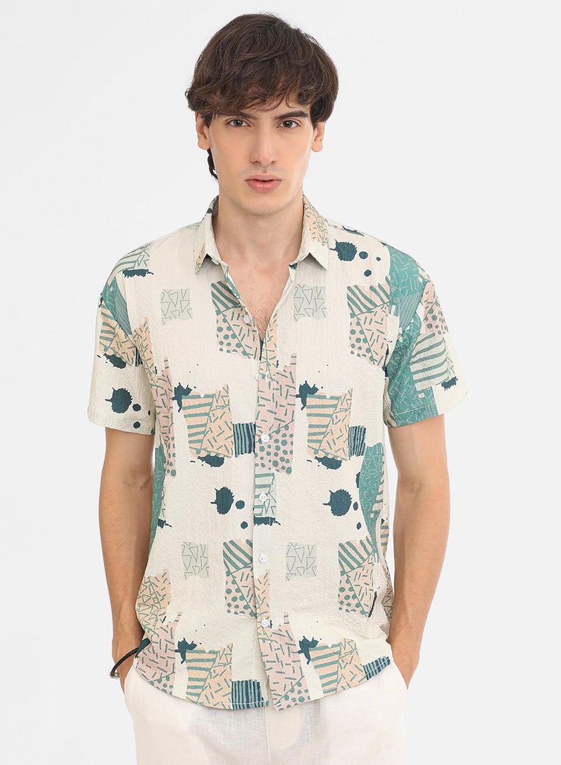 Campus Sutra Men's Forest Green & Bone Beige Abstract Seersucker Shirt  - Image 2