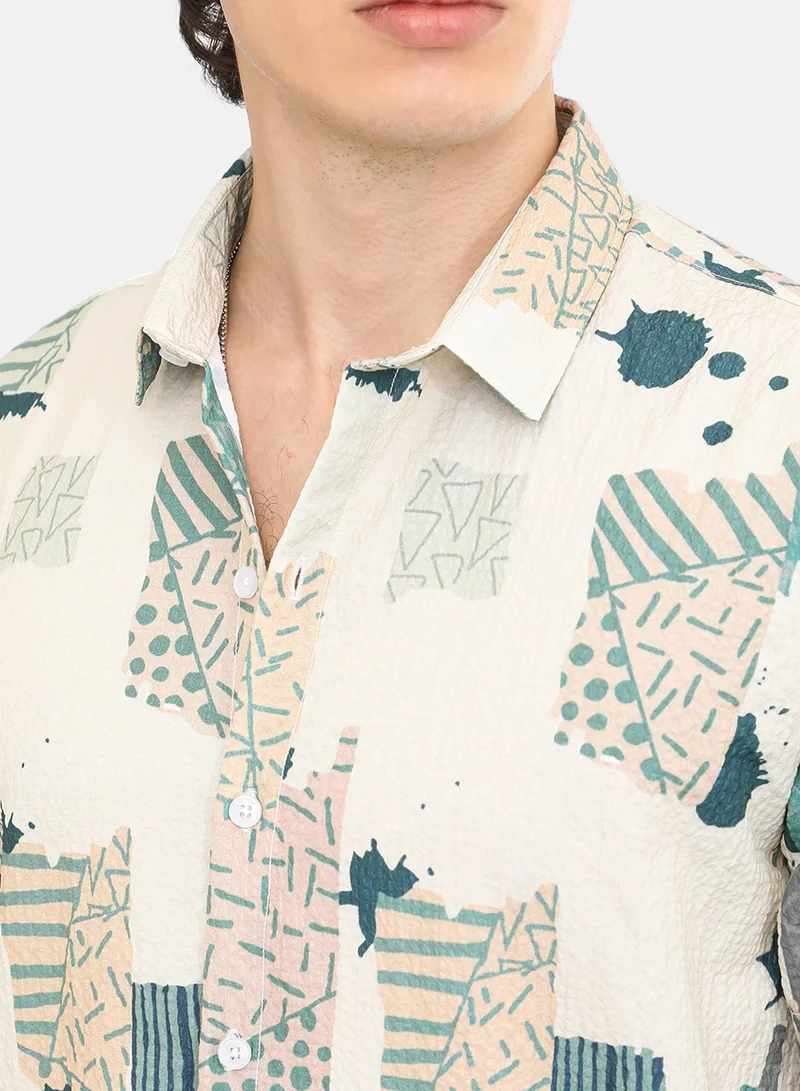 Campus Sutra Men's Forest Green & Bone Beige Abstract Seersucker Shirt