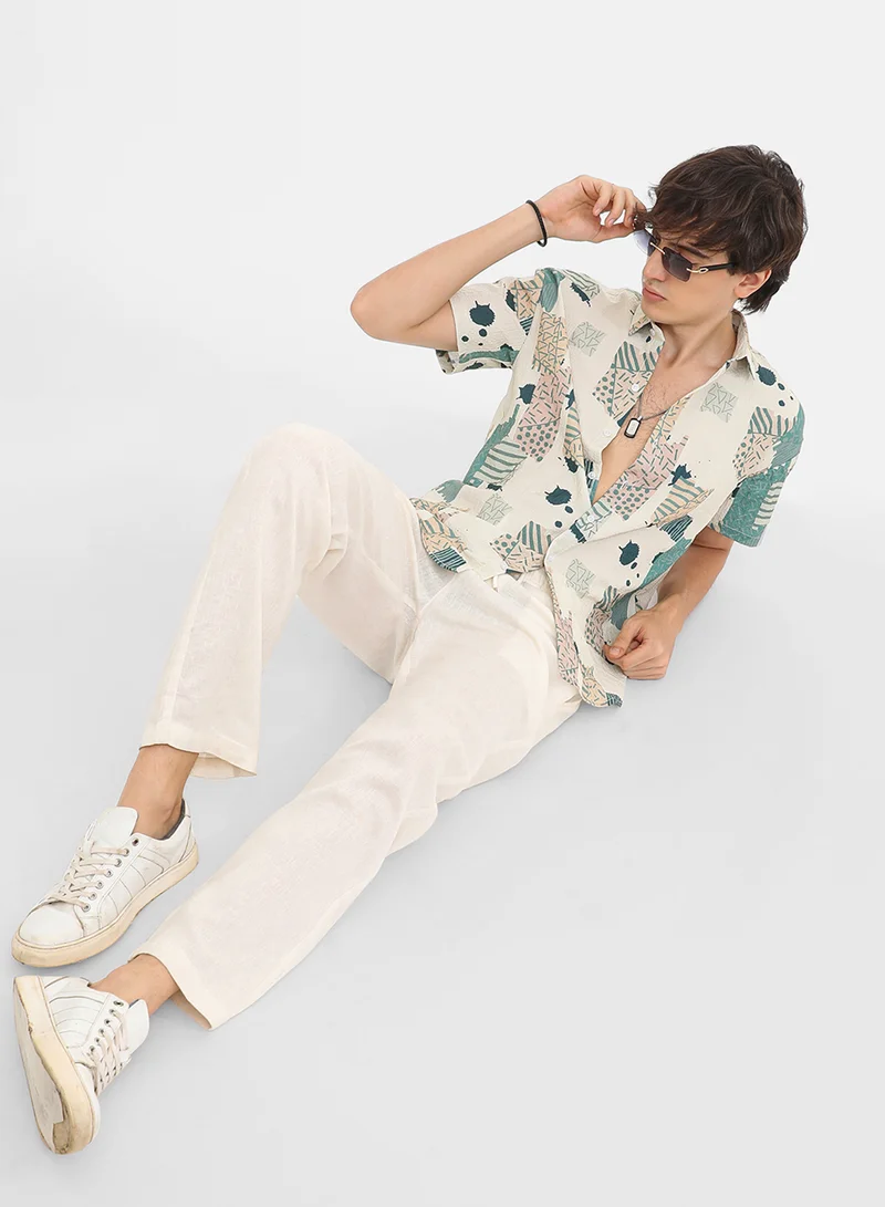 Campus Sutra Men's Forest Green & Bone Beige Abstract Seersucker Shirt
