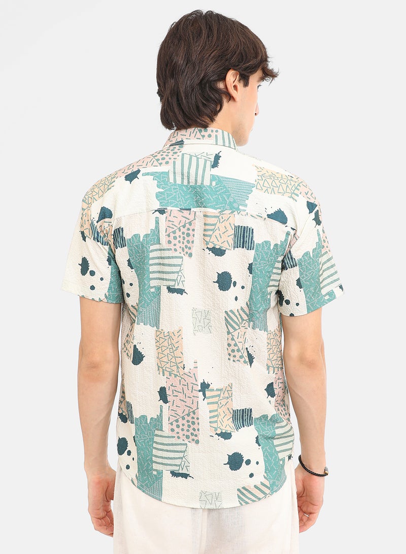 Campus Sutra Men's Forest Green & Bone Beige Abstract Seersucker Shirt  - Image 5