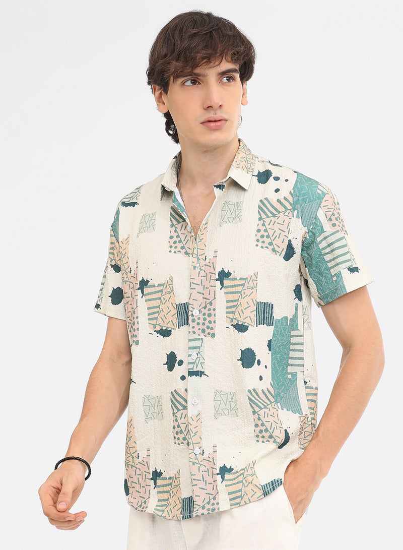 Campus Sutra Men's Forest Green & Bone Beige Abstract Seersucker Shirt  - Image 3