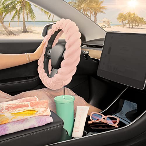 Carbella Twisted Fur Soft Pink Steering Wheel Cover, Standard 15 Inch Size Fits Most Vehicles, Fuzzy Fluffy Car Steering Cover with Soft Faux Fur Touch, Car Accessories for Women - Image 3