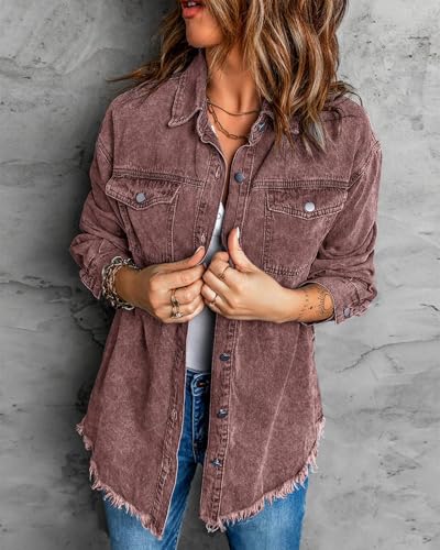 Vetinee Women's Oversized Boyfriend Brown Stone Front Button Up Frayed Raw Hem Long Sleeve Pockets Denim Jean Jacket Shacket X-Large Size 16 Size 18 - Image 5