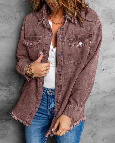 Vetinee Women's Oversized Boyfriend Brown Stone Front Button Up Frayed Raw Hem Long Sleeve Pockets Denim Jean Jacket Shacket X-Large Size 16 Size 18 - Image 4