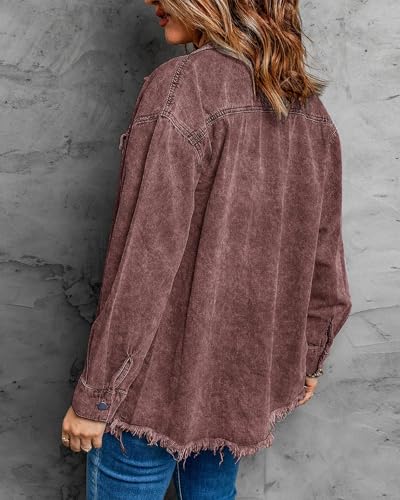 Vetinee Women's Oversized Boyfriend Brown Stone Front Button Up Frayed Raw Hem Long Sleeve Pockets Denim Jean Jacket Shacket X-Large Size 16 Size 18 - Image 2