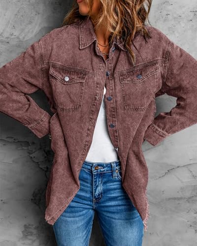 Vetinee Women's Oversized Boyfriend Brown Stone Front Button Up Frayed Raw Hem Long Sleeve Pockets Denim Jean Jacket Shacket X-Large Size 16 Size 18 - Image 3