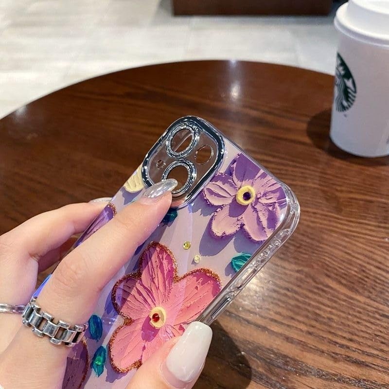 Elzzi حافظة متوافقة مع آيفون 15 بتصميم زهور زيتية ملونة لطيفة مع حماية كاملة للكاميرا، مقاومة للصدمات، غلاف لامع لفتاة وامرأة، بنفسجي + وردي - Image 4