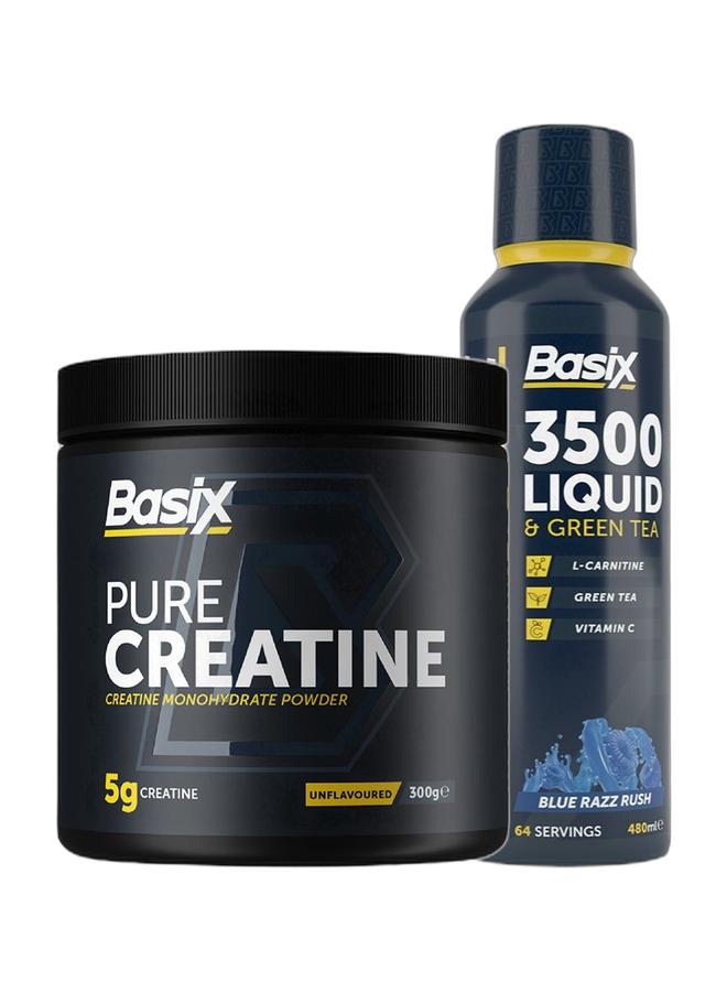 Basix عرض بوندي الحصري - 3500 لكارنيتين وشاي أخضر بنكهة التوت الأزرق 64 حصة 480 مل وكرياتين نقي بدون نكهة 300 جرام - Image 1