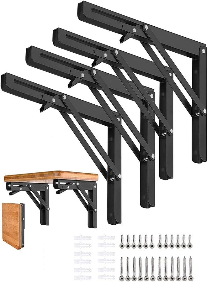 AUTOHJ Folding Shelf Brackets 24 inch 4 Pcs - DIY Wall Mounted Shelf Bracket for Garage Workstation, Stuff Supports, Plant Stand - Heavy Duty Metal Collapsible Floating Shelf Bracket Black - Image 1