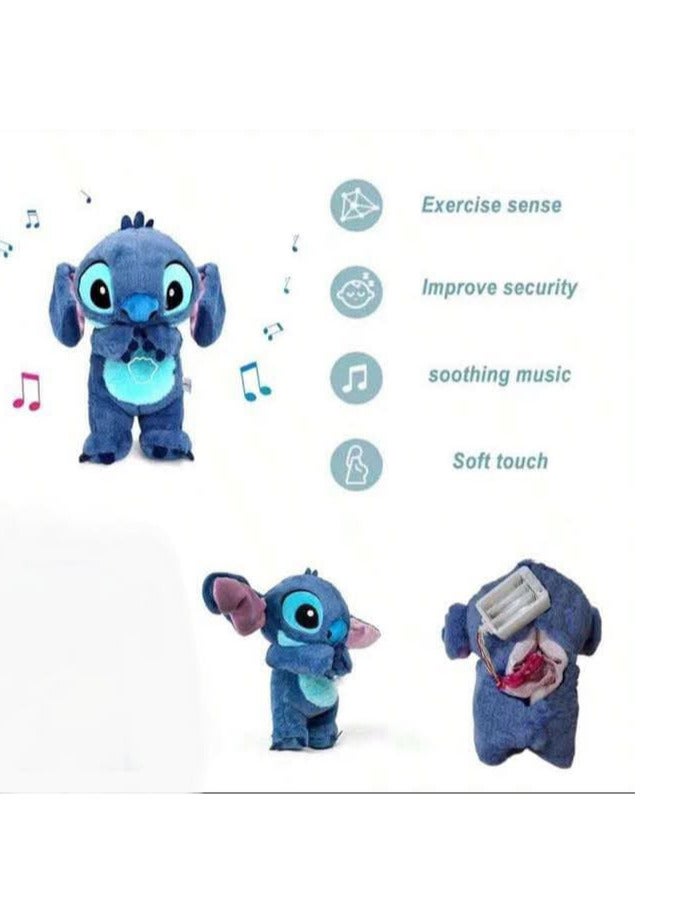 Stitch breathing teddy bear is equipped with music and lights and works by pressing his leg