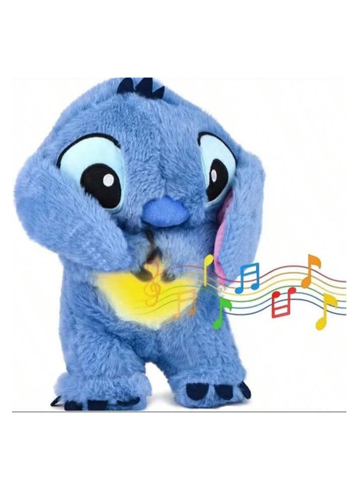 Stitch breathing teddy bear is equipped with music and lights and works by pressing his leg