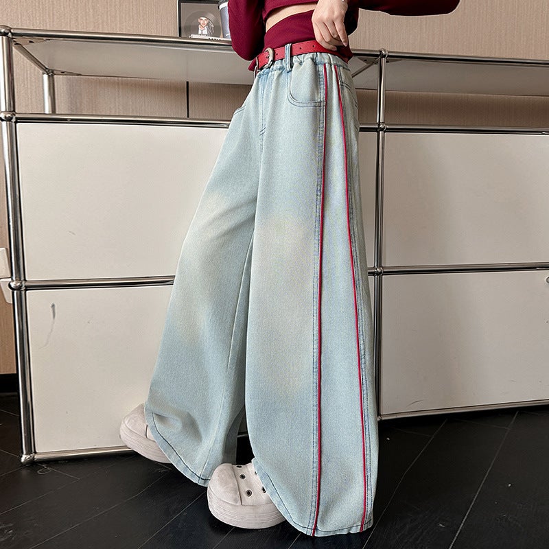 Girls' Spring Rope Pull-Out Jeans Big Children'S Western Style Casual Sports Wide Leg Pants Trousers - Image 3