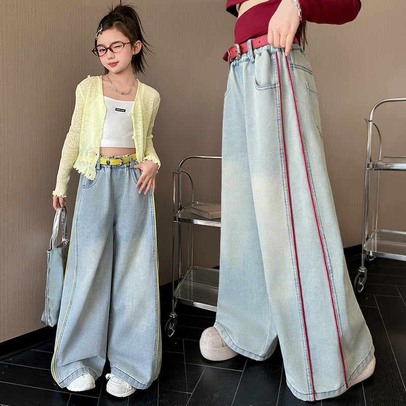 Girls' Spring Rope Pull-Out Jeans Big Children'S Western Style Casual Sports Wide Leg Pants Trousers - Image 2
