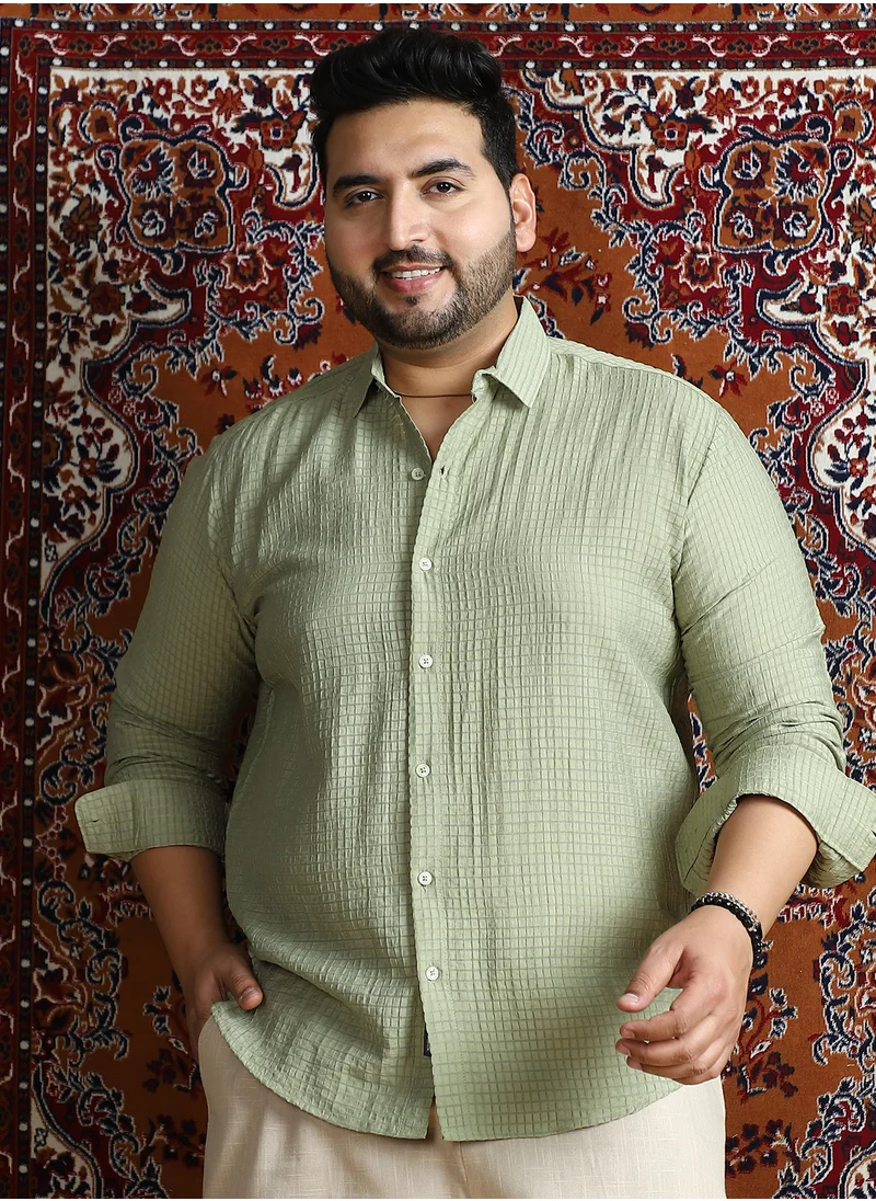 انستافاب بلس Instafab Plus Men's Light Pistachio Grid-Tactura Shirt For Casual Wear | Spread Collar | Long Cuffed Sleeves | Button Closure | Plus Size Shirt Crafted With Comfort Fit For Everyday Wear