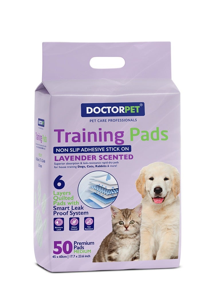 DOCTERPET Doctor Pet Training Pads Lavender 50's (45x60cm) – Medium Rapid-Dry Leak-Proof Pads,Scented, 6 Layers Quilted, Superior Absorption, Odor Control, Pet Training for Dogs, Cats, Rabbits - Image 1
