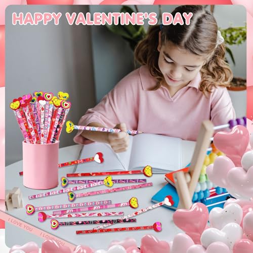 Zhirlyn 48PCS Valentine's Day Pencils with Erasers Stationery Set, 24 Valentines Pencils in 12 Style, 24 Heart Erasers in 6 Style, Classroom Prizes Gifts - Image 3