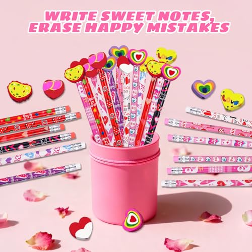 Zhirlyn 48PCS Valentine's Day Pencils with Erasers Stationery Set, 24 Valentines Pencils in 12 Style, 24 Heart Erasers in 6 Style, Classroom Prizes Gifts - Image 4