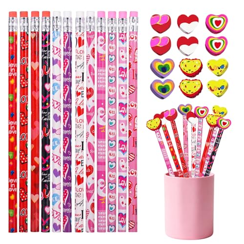 Zhirlyn 48PCS Valentine's Day Pencils with Erasers Stationery Set, 24 Valentines Pencils in 12 Style, 24 Heart Erasers in 6 Style, Classroom Prizes Gifts - Image 1