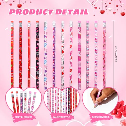 Zhirlyn 48PCS Valentine's Day Pencils with Erasers Stationery Set, 24 Valentines Pencils in 12 Style, 24 Heart Erasers in 6 Style, Classroom Prizes Gifts - Image 2