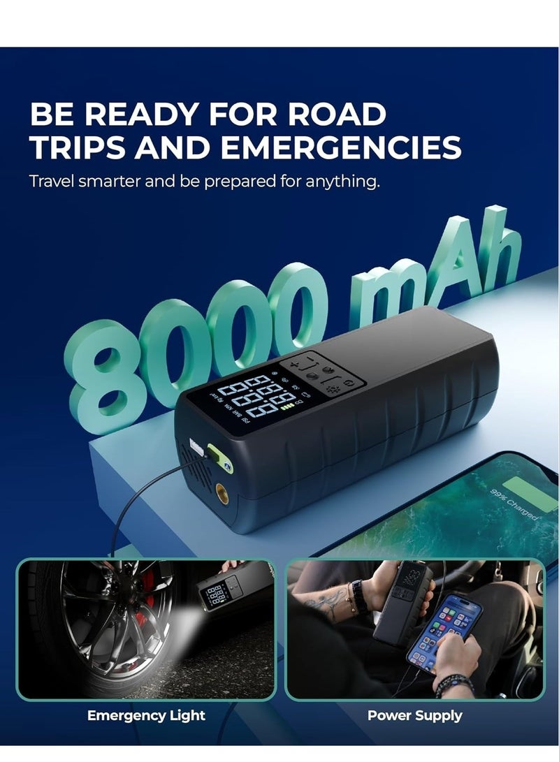 MOTMOOK Car Tire Inflators 150PSI Portable Air Compressor, Automatically Stop Tire Inflator, Car Air Pump with Digital LCD Display And Emergency lighting 5 Modes Electric Pump for Car/ Bike/ Ball/ Motorcycle，8000mAh Battery and Power Bank Function - Image 2