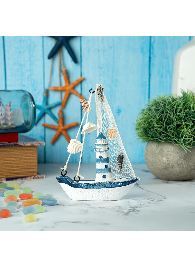 EAZYWAGON Mini Wooden Sailboat Model Decoration Small Size Dark BlueLight House beach BLUE mediterranean home desk decor wood craft sculpture sail boat ship model  - Image 4