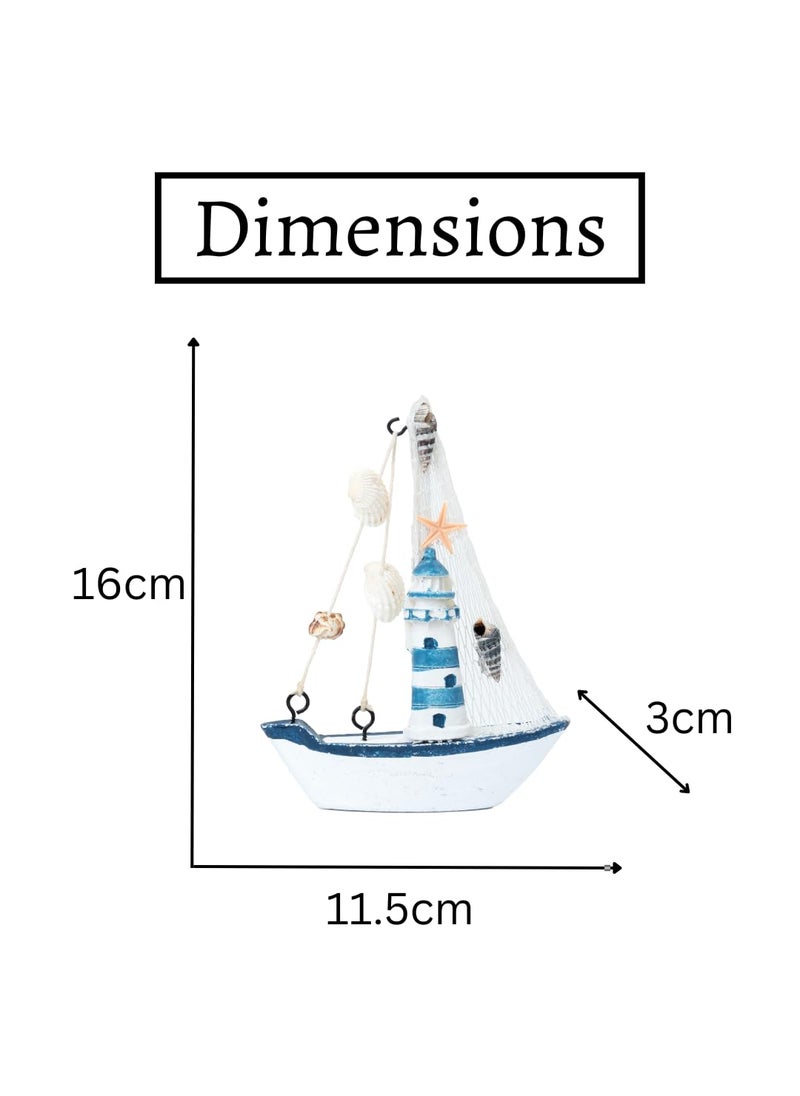 EAZYWAGON Mini Wooden Sailboat Model Decoration Small Size Dark BlueLight House beach BLUE mediterranean home desk decor wood craft sculpture sail boat ship model  - Image 3