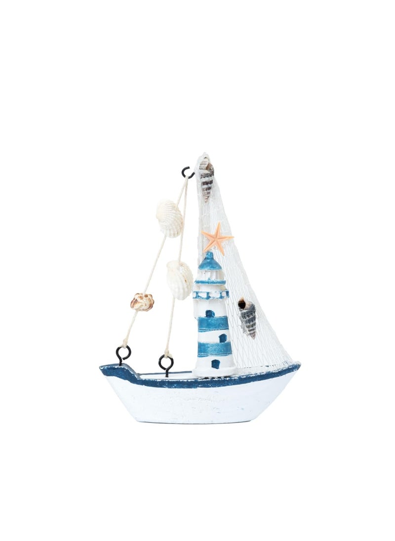 EAZYWAGON Mini Wooden Sailboat Model Decoration Small Size Dark BlueLight House beach BLUE mediterranean home desk decor wood craft sculpture sail boat ship model  - Image 1